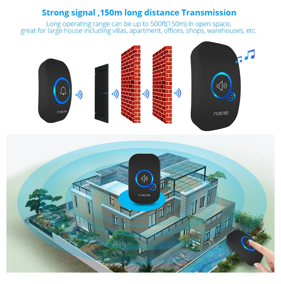 Fuers M557 Wireless Doorbell 433Mhz Home Welcome Smart Doorbell 150M Long Wireless Distance 32 Songs Home Welcome Door Chimes Fuers M557 Wireless Doorbell 433Mhz Home Welcome Smart Doorbell 150M Long Wireless Distance 32 Songs Home Welcome Door Chimes